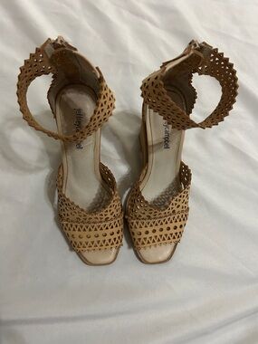 Jeffrey Campbell Tan Laser-Cut Geometric Ankle Strap Heels